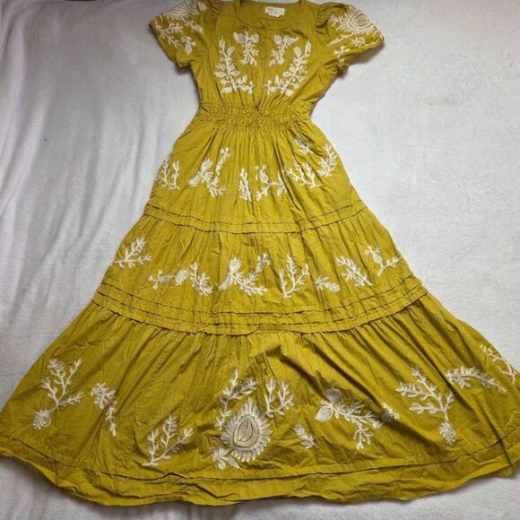 Anthropologie Yellow and White Embroidered Somerset Maxi Dress with pockets - Picture 3 of 11